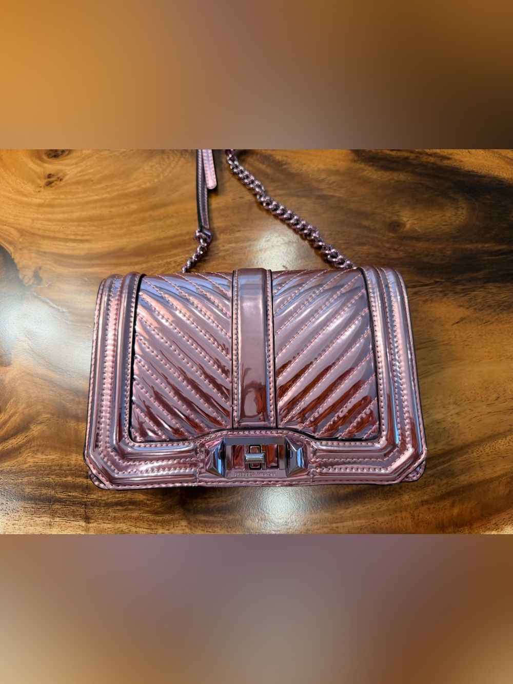 Rebecca Minkoff Chevron Quilted Love Crossbody Metallic Rose Gold Finish GUC - Picture 10 of 17